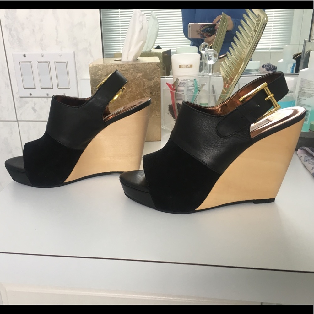 Cynthia Vincent Leather and Suede Wedge Sandal